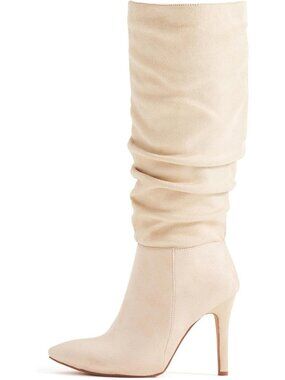 Women Suede Knee High Boot Pointed Toe Stiletto Boot Zipper High Heel Boot Ivory